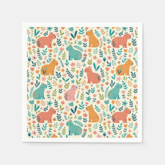 Hand Drawn Floral Capybara Paper Plates Napkins