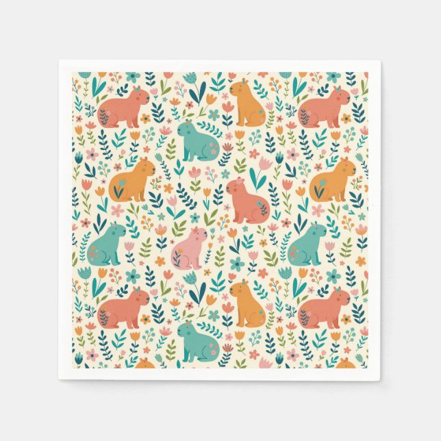 Hand Drawn Floral Capybara Paper Plates Napkins (Front)