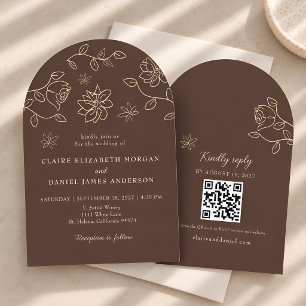 Hand Drawn Floral Chocolate Brown QR Wedding Invitation