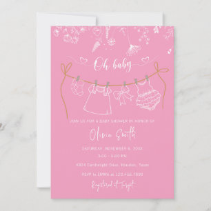 Hand Drawn Floral Clothes Clothesline Baby Shower Invitation