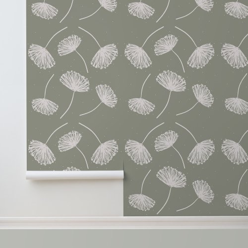 Hand Drawn Floral Dandelions Sage Green Wallpaper