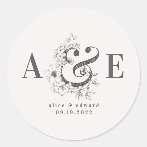 Hand drawn floral elegant wedding classic round sticker