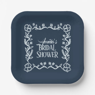 Hand Drawn Floral Frame Blue Bridal Shower Paper Plates