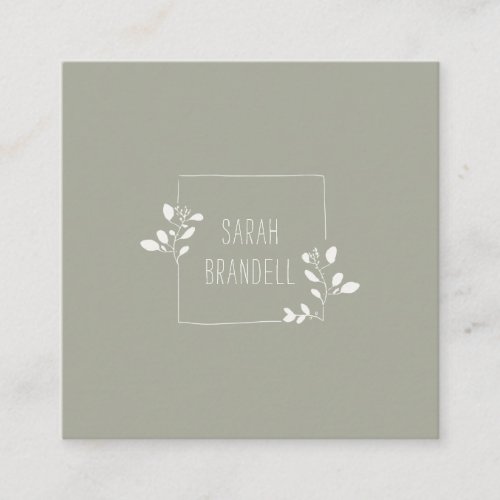 Hand_drawn Floral Frame in Sage  White Square Business Card