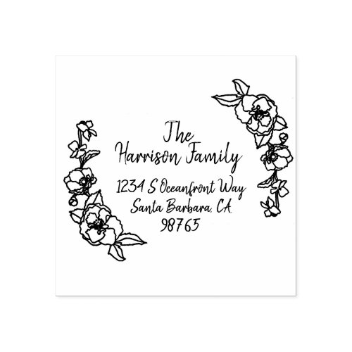 Hand Drawn Floral Hand Lettered Name  Address Rubber Stamp