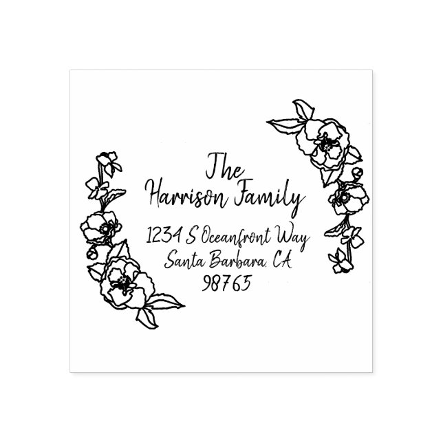 Hand Drawn Floral Hand Lettered Name & Address Rubber Stamp (Imprint)