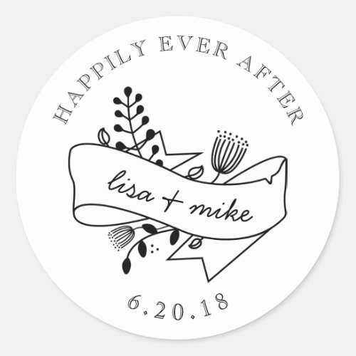 Hand Drawn Floral Happily Ever After Wedding Classic Round Sticker