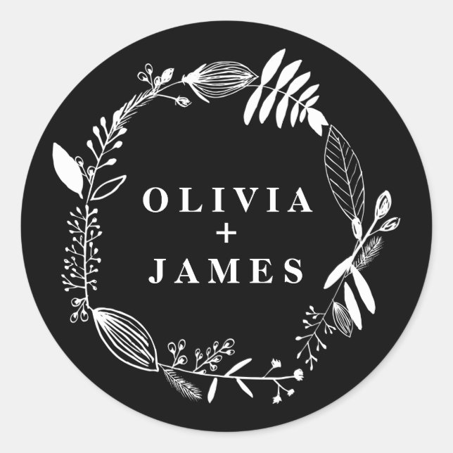 Hand Drawn Floral Illustration Favor Sticker Black (Front)