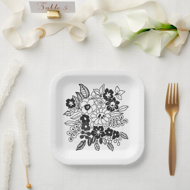 Hand Drawn Floral Motif  Paper Plates (Wedding)