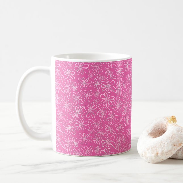 Hand-drawn floral on hot pink coffee mug (With Donut)