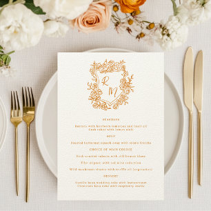 Hand Drawn Floral Orange Monogram Crest Wedding Menu