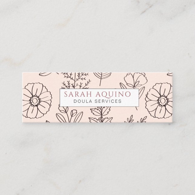 Hand Drawn Floral Peach Doula Birth Services Mini Business Card (Front)