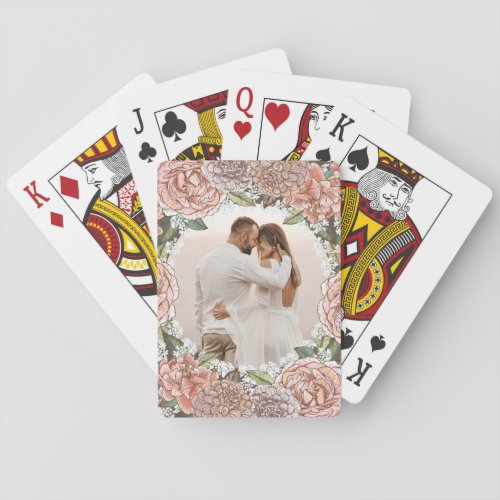 Hand Drawn Floral Peony Dahlia Pink Peach Photo Playing Cards