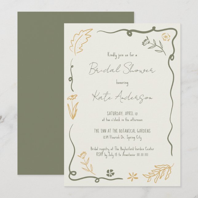 Hand Drawn Floral Scribble Frame Bridal Shower Invitation (Front/Back)