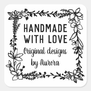 Hand Drawn Floral Square Handmade With Love Sticker