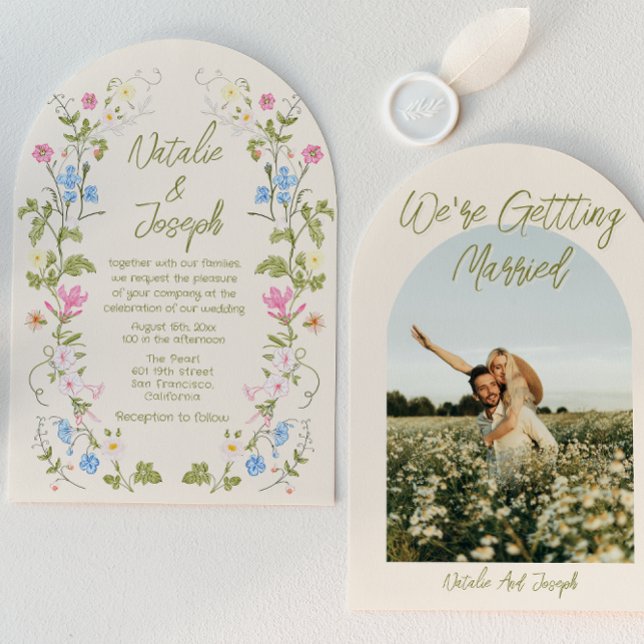 Hand Drawn Floral Summer Arched Photo Wedding Invitation (Creator Uploaded)