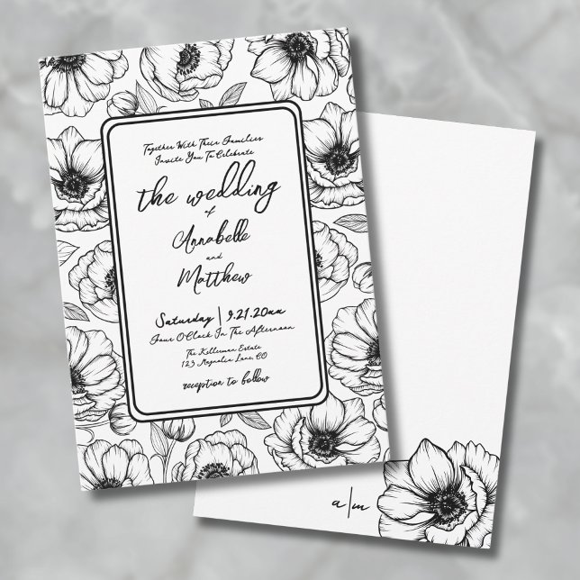 Hand Drawn Floral Wedding Invitation (Floral Hand Drawn Whimsical Wedding Invitation)