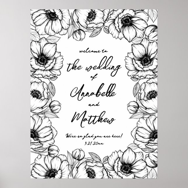 Hand Drawn Floral Whimsical Wedding Welcome Sign (Front)