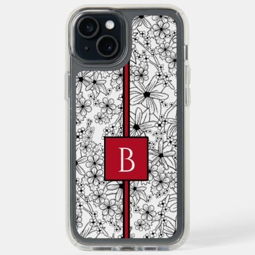 Hand Drawn Floral White Black Pattern and Monogram iPhone 15 Plus Case