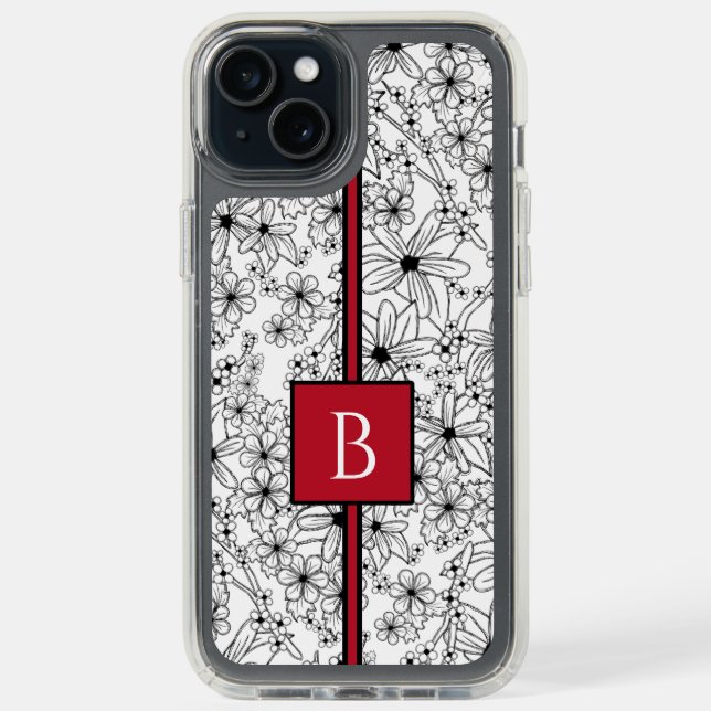 Hand Drawn Floral White Black Pattern and Monogram Speck iPhone Case (Front (Black))