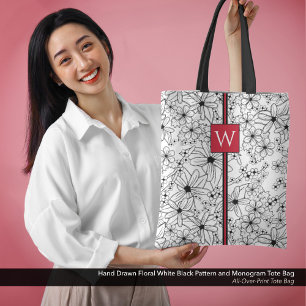 Hand Drawn Floral White Black Pattern and Monogram Tote Bag