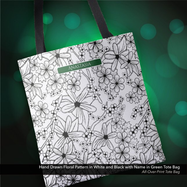 Hand Drawn Floral White Black Pattern & Green Name Tote Bag (Tote Bag: Hand Drawn Floral Pattern in Black White, Personalized with Name in Emerald Green)