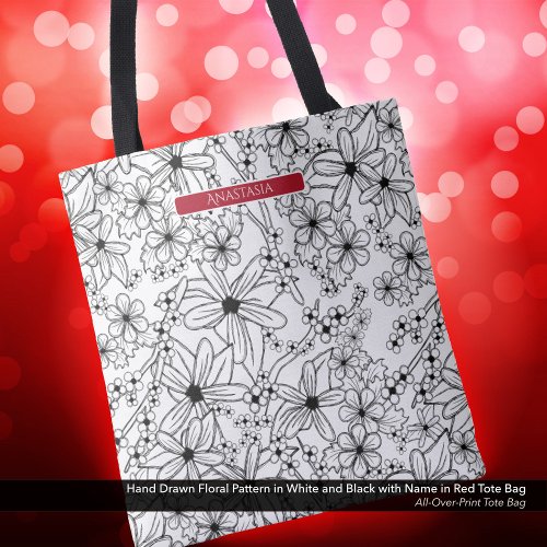 Hand Drawn Floral White Black Pattern  Red Name Tote Bag