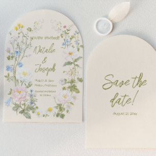 Hand Drawn Floral Wreath Summer Arched Wedding Save The Date