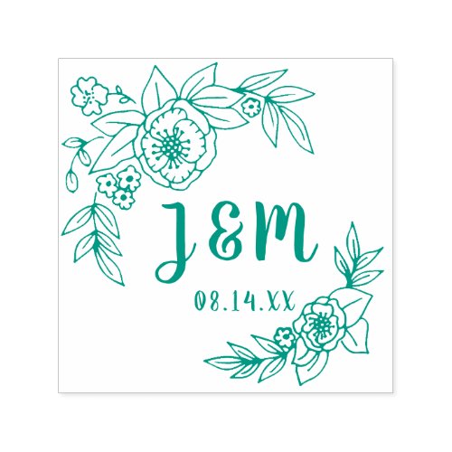 Hand Drawn Florals and Leaves Wedding Monogram Self_inking Stamp