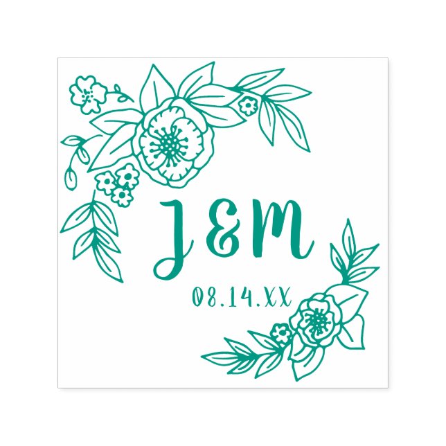 Hand Drawn Florals and Leaves Wedding Monogram Self-inking Stamp (Design)
