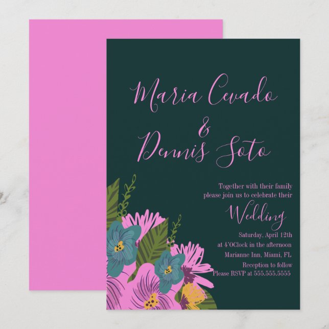 Hand  Drawn Florals Wedding Bold Color  Invitation (Front/Back)