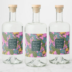 Hand Drawn Florals Wedding Bold Pink Greenery Liquor Bottle Label