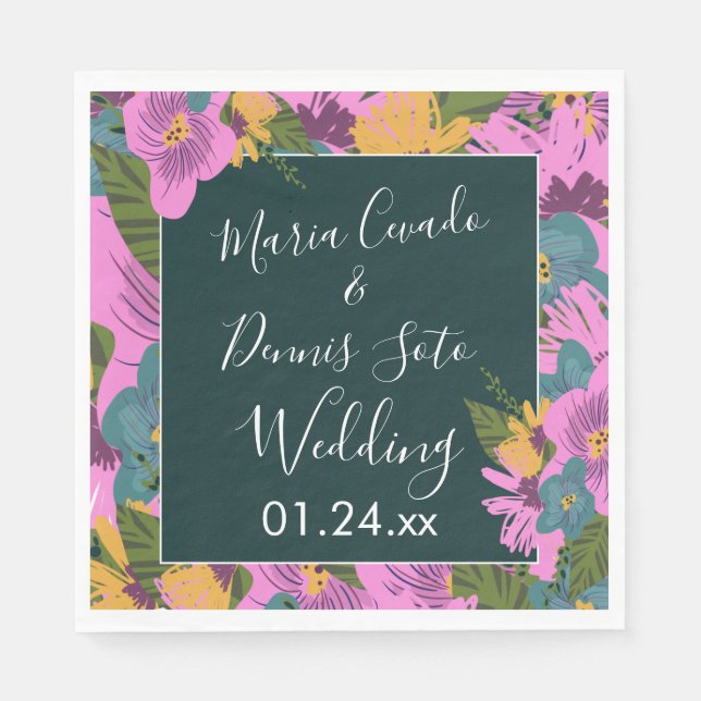 Hand  Drawn Florals Wedding Bold Pink Greenery  Napkins (Front)
