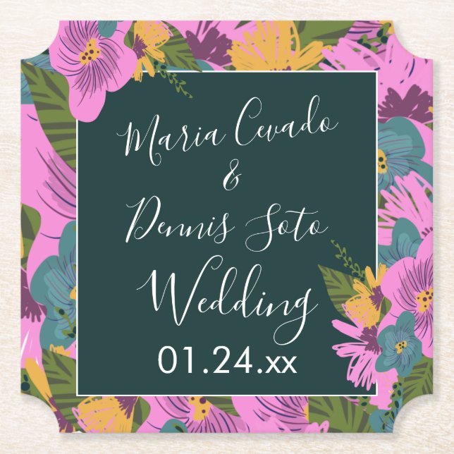Hand  Drawn Florals Wedding Bold Pink Greenery  Paper Coaster (Front)