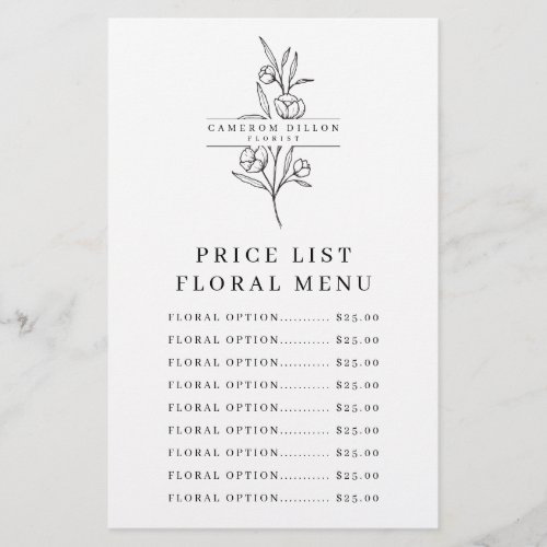 Hand Drawn Florist Flower Shop Price List Sheet