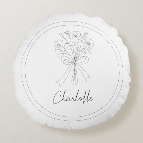 Hand Drawn Flower  Bow Whimsical Name Nursery Round Pillow