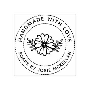 Hand Drawn Flower Handmade With Love Rubber Stamp
