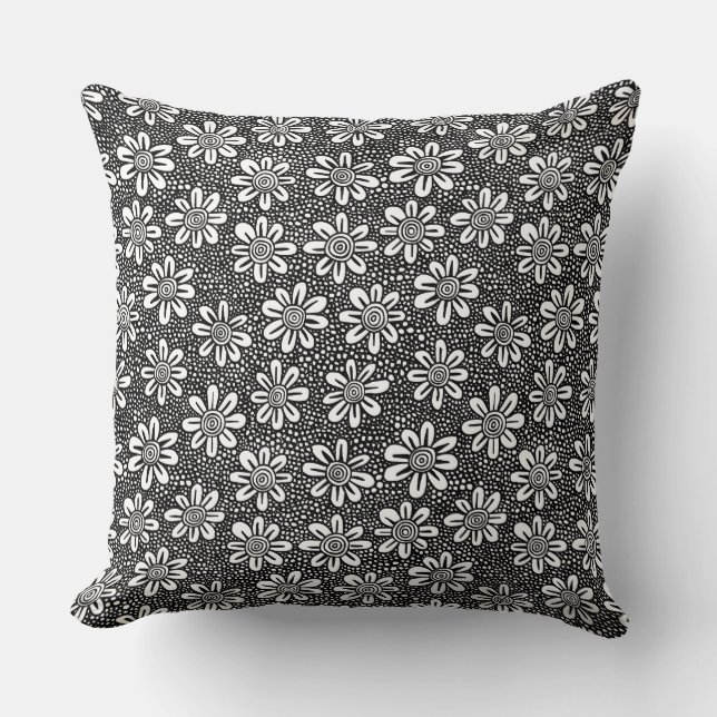 Hand Drawn Flower Pattern 140617 - Black Throw Pillow (Front)