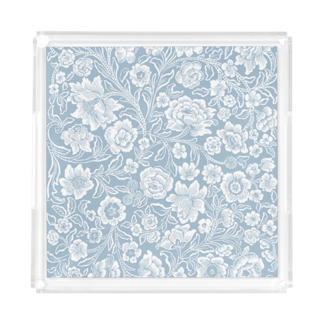 Hand-drawn Flowers,Blue Grey White Botanical Art Acrylic Tray (Front)