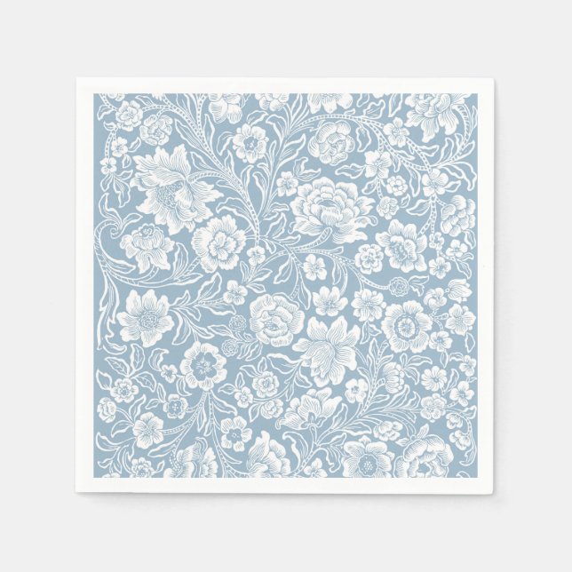 Hand-drawn Flowers,Blue Grey White Botanical Art Napkins (Front)