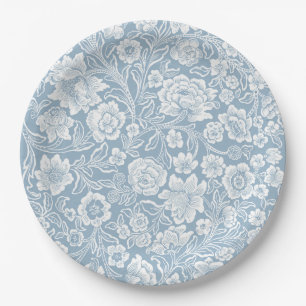 Hand-drawn Flowers,Blue Grey White Botanical Art Paper Plates