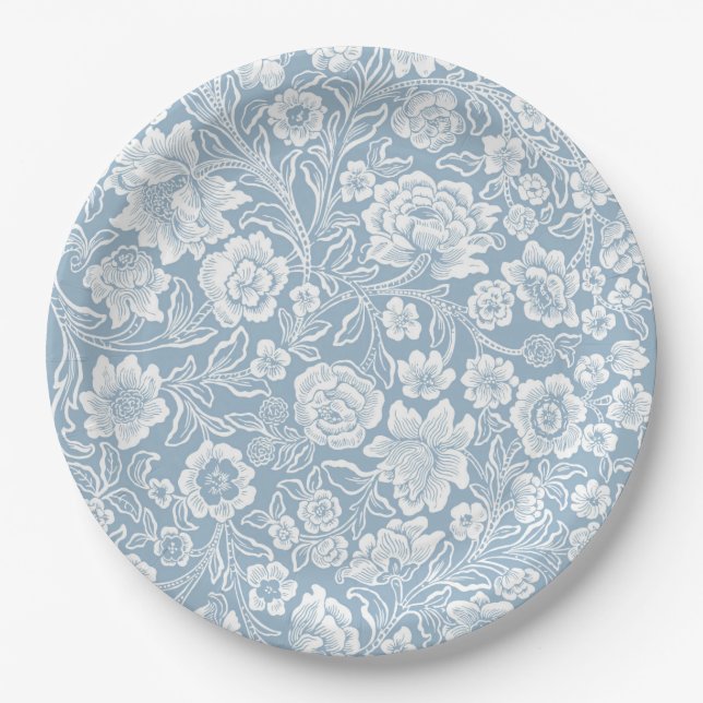 Hand-drawn Flowers,Blue Grey White Botanical Art Paper Plates (Front)
