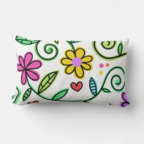 Hand Drawn Flowers Colorful Floral  Lumbar Pillow