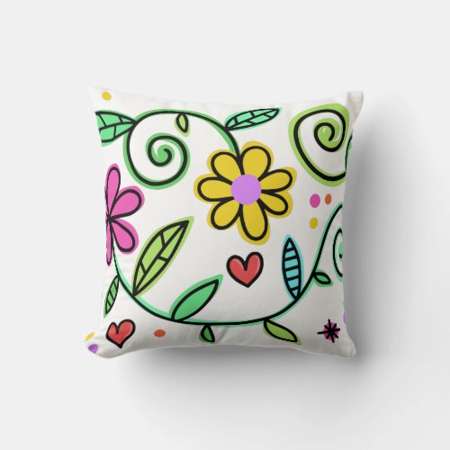 Hand Drawn Flowers Colorful Floral on White Throw Pillow