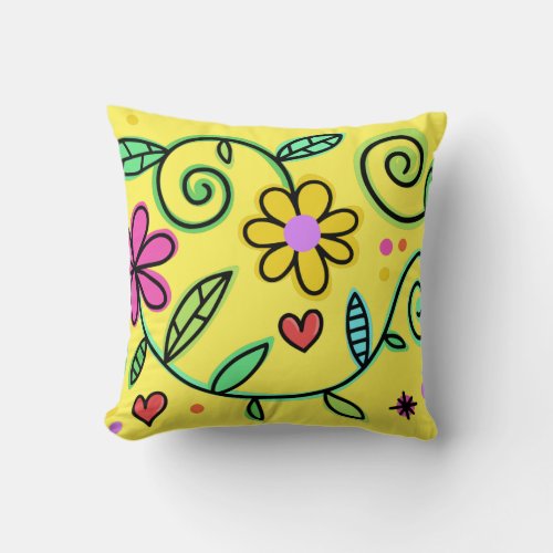 Hand Drawn Flowers Colorful Floral Yellow Throw Pillow