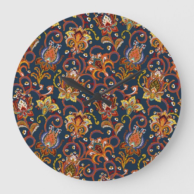 Hand Drawn Flowers: Colorful Navy Pattern Large Clock (Front)