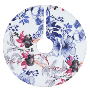 Hand Drawn Flowers: Colorful Watercolor Brushed Polyester Tree Skirt