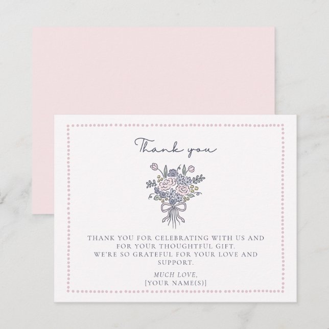 Hand drawn flowers, dotted frame Thank you card (Front/Back)