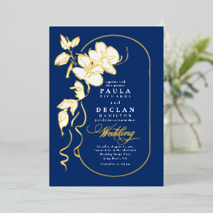 Hand-drawn Flowers Elegant Navy Blue Wedding Foil Invitation