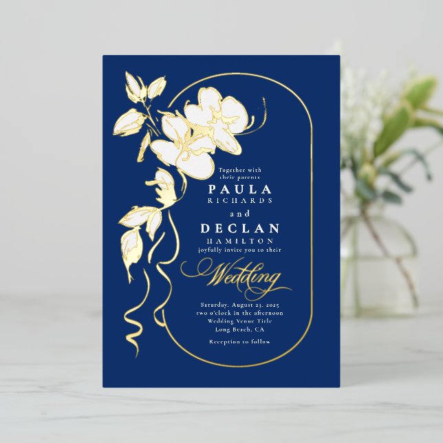 Hand-drawn Flowers Elegant Navy Blue Wedding Foil Invitation (Standing Front)